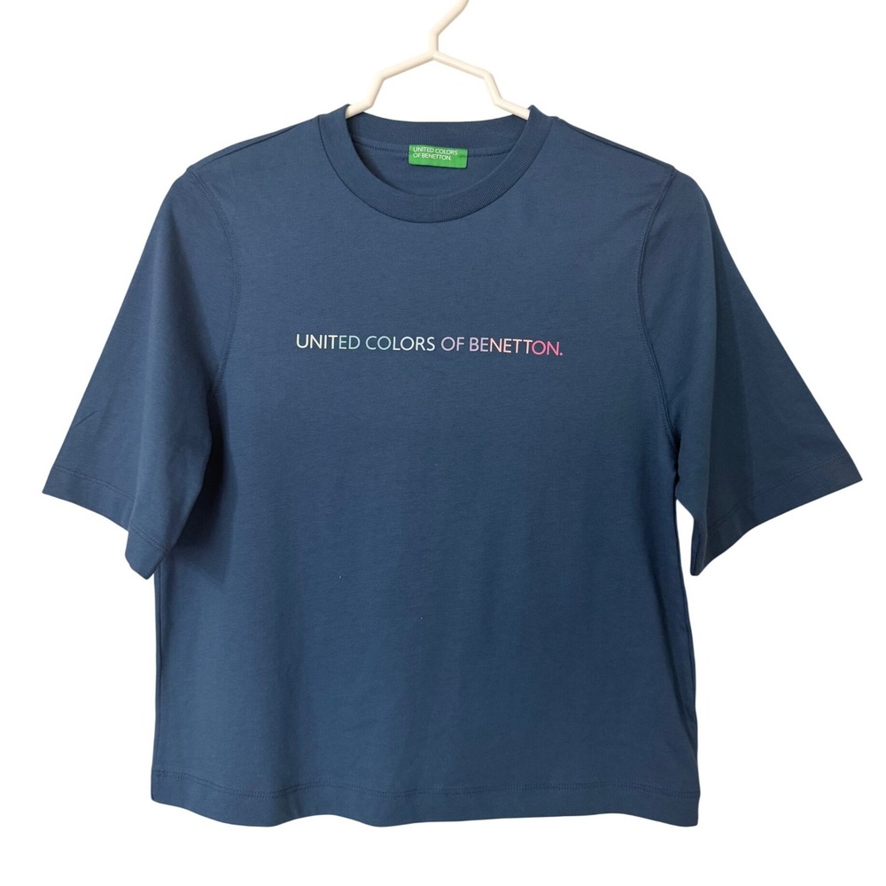 United Colors of Benetton Womens XS Blue Logo Graphic Cotton T-Shirt